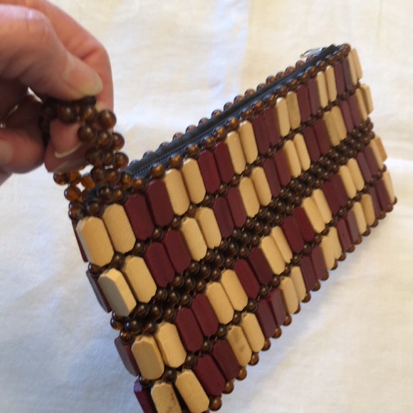 VINTAGE WOODEN HANDMADE BEADED CLUTCH PURSE BAG UNIQUE STURDY LINED ZIPPER- #487 - Picture 8 of 12